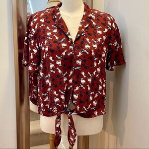 Shear tie waist button front dog print blouse size large